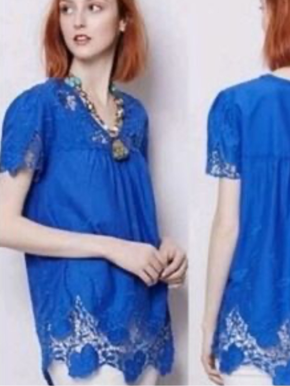 VANESSA VIRGINIA ANTHROPOLOGIE COBALT BLUE COTTON EYELET LACE BLOUSE Sz12